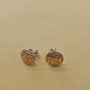 Gold Floral Engraved Round Stud Earrings - Women Jewelry - Marked 18K